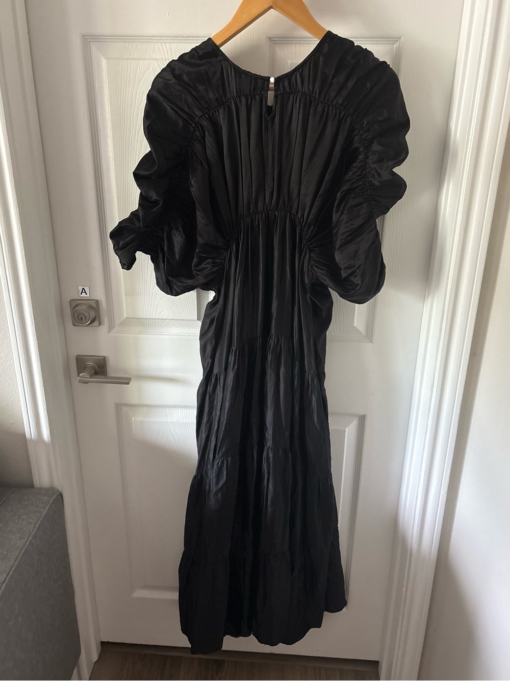 Merlette Black Athene Cotton Ruched Tiered Midi Dress Puff Sleeve Size S - Picture 4 of 7